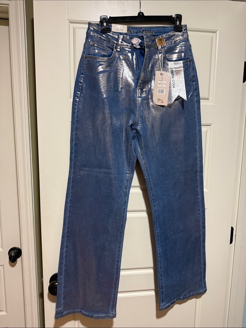 NWT Vibrant MIU Silver Foil Bootcut Jeans boutique foiled jeans 7/8 - Picture 2 of 10